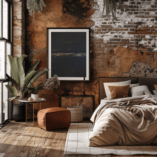 Bold abstract artwork with layered brown and taupe tones, evoking stone and earth in a modern, fluid composition