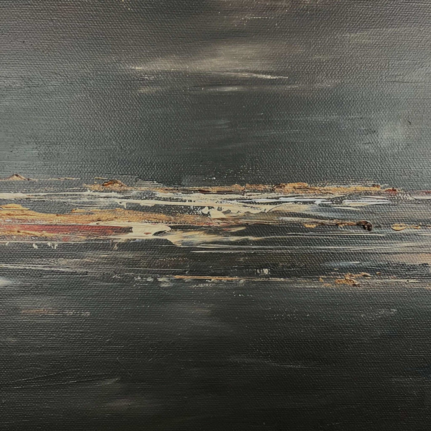 Bold abstract artwork with layered brown and taupe tones, evoking stone and earth in a modern, fluid composition