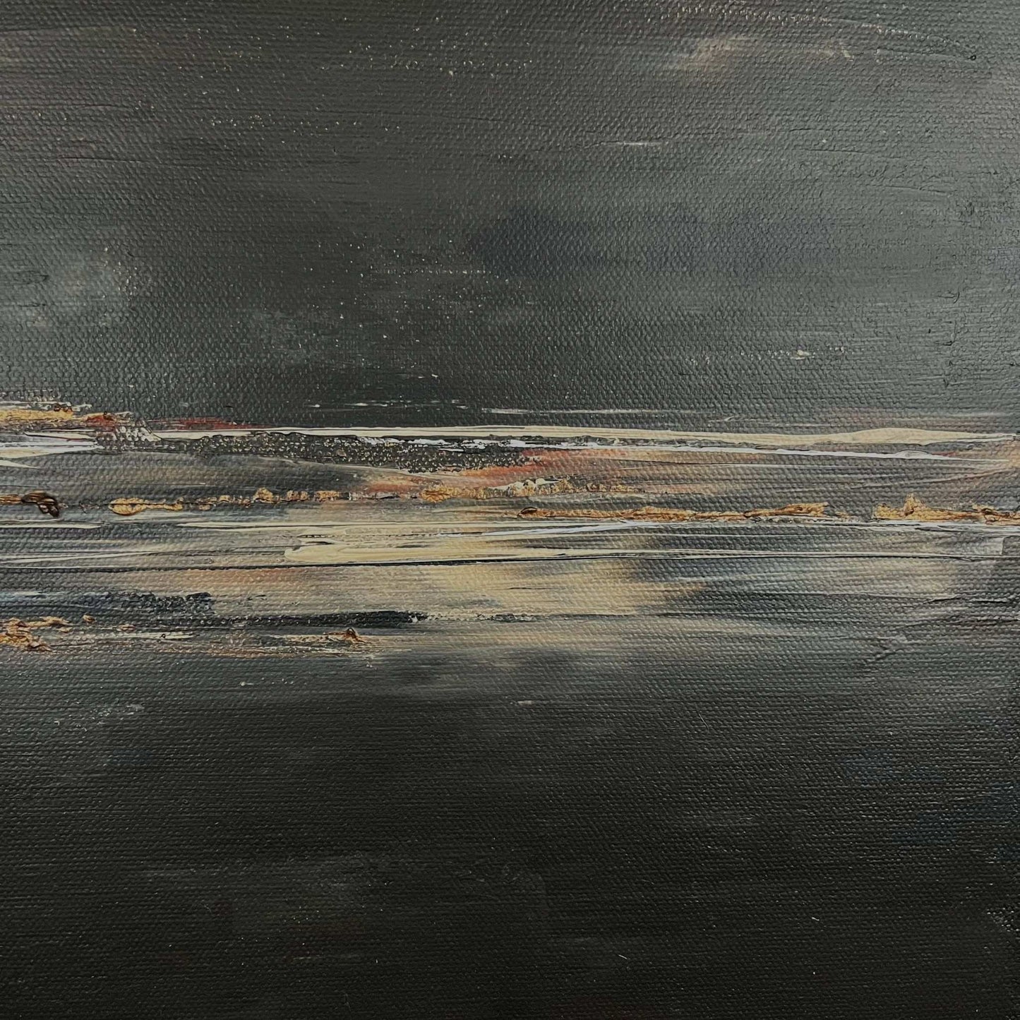 Bold abstract artwork with layered brown and taupe tones, evoking stone and earth in a modern, fluid composition