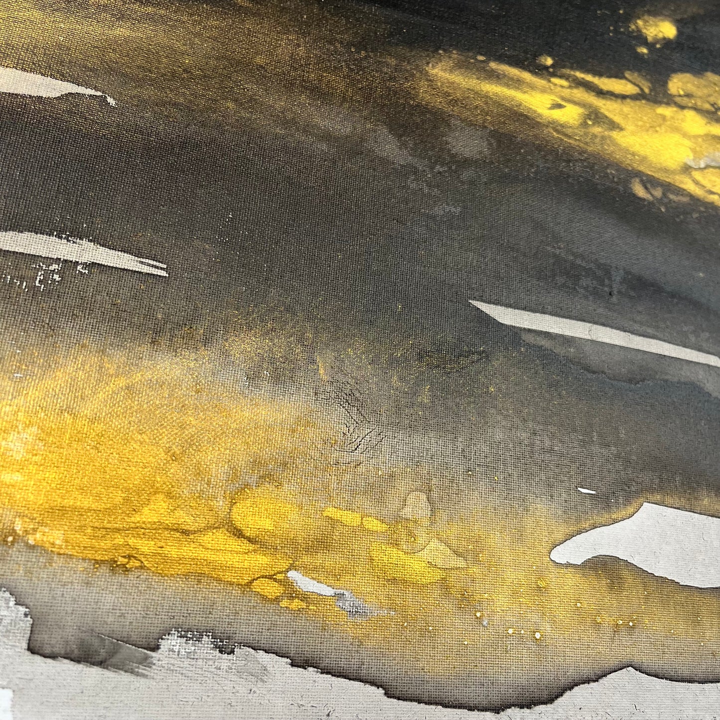 Abstract painting in black, gray, and gold tones by Charlotte George, Earth’s Whisper III, evoking molten movement and the deep pulse of the earth