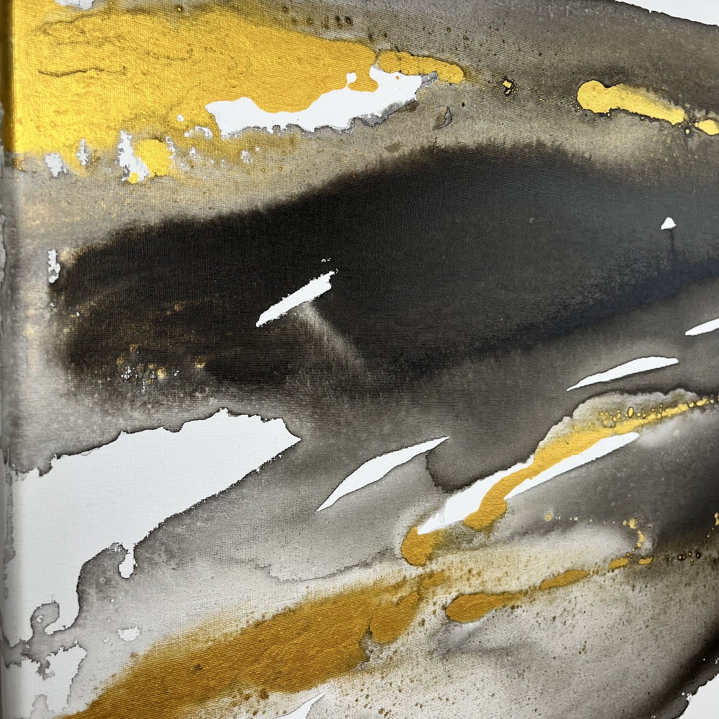 Abstract painting in black, white, and gold tones inspired by the movement and hidden elements of the earth, Earth’s Whisper II by Charlotte George.