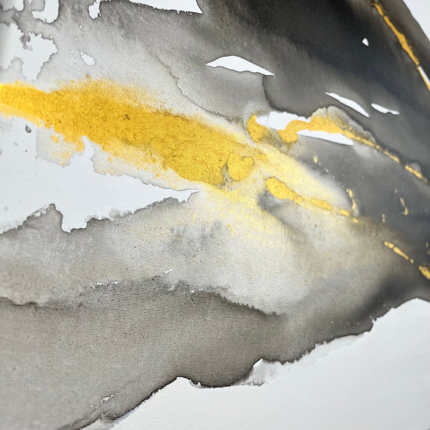 Abstract painting in black, white, and gold tones inspired by the movement and hidden elements of the earth, Earth’s Whisper II by Charlotte George.