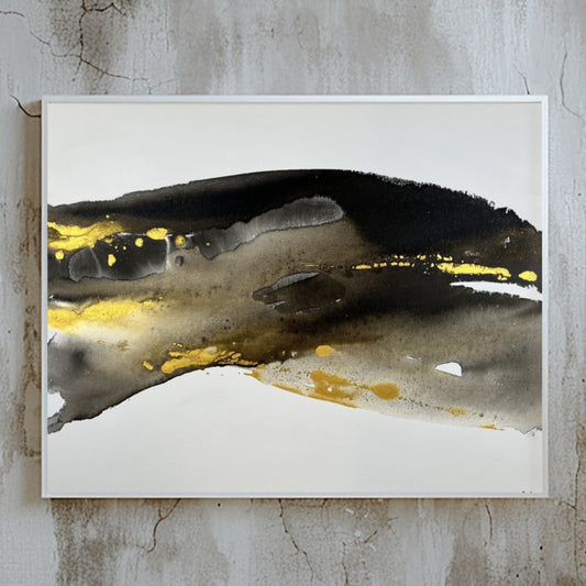 Abstract painting in black, gray, and gold tones by Charlotte George, Earth’s Whisper IV, expressing the molten energy and stillness of the earth.