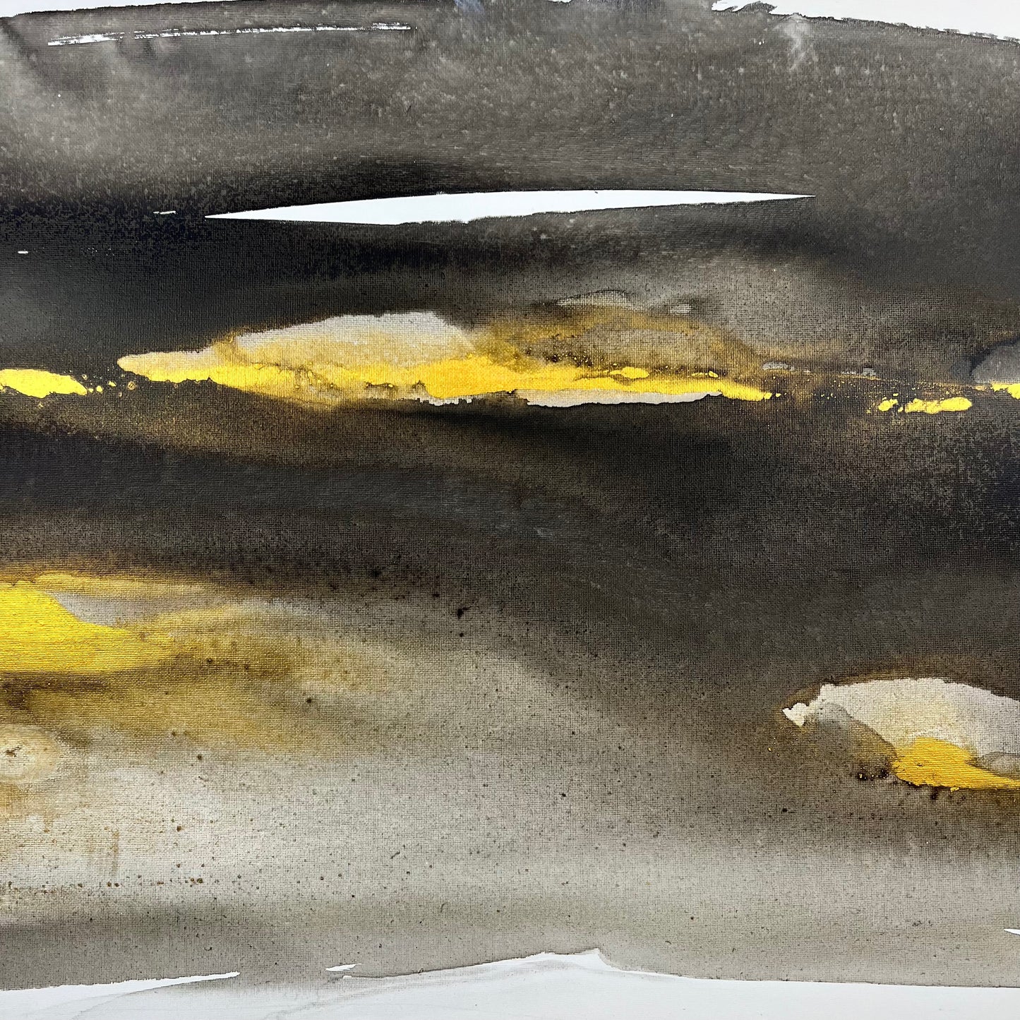 Abstract black, white, and gold painting depicting the earth’s movement and buried elements, Earth’s Whisper I by Charlotte George.