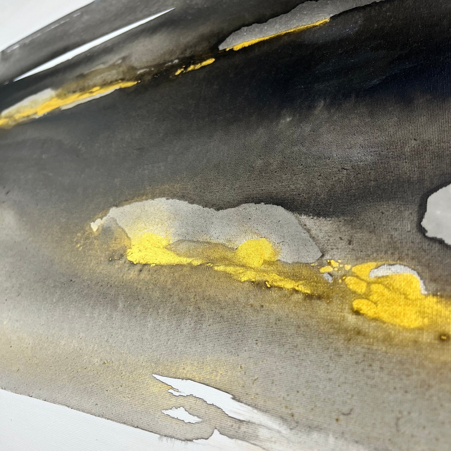 Abstract black, white, and gold painting depicting the earth’s movement and buried elements, Earth’s Whisper I by Charlotte George.