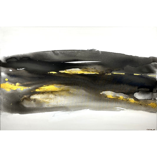 Abstract black, white, and gold painting depicting the earth’s movement and buried elements, Earth’s Whisper I by Charlotte George.