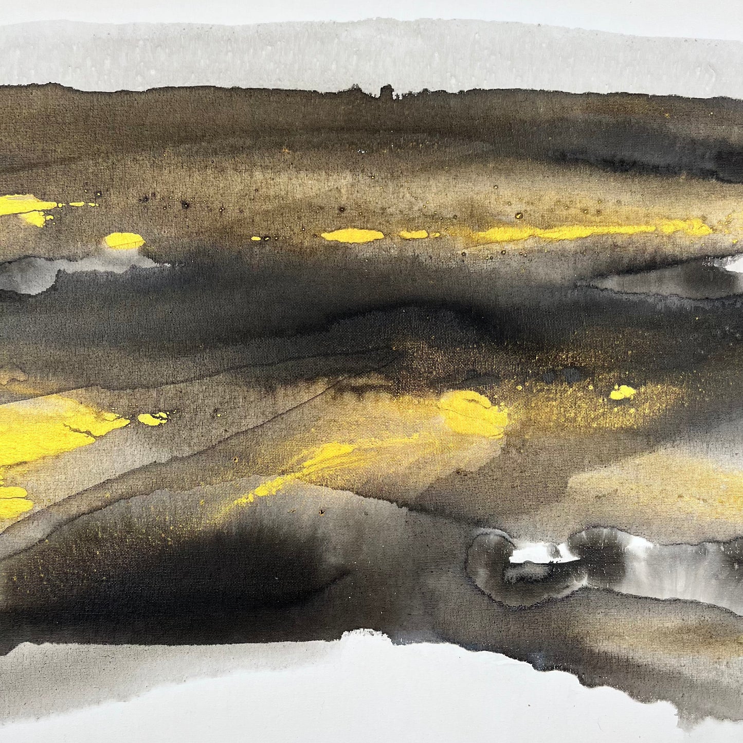 Abstract painting in black, gray, and gold by Charlotte George, Earth’s Whisper VI, evoking balance, renewal, and the subtle energy of the earth’s final whisper