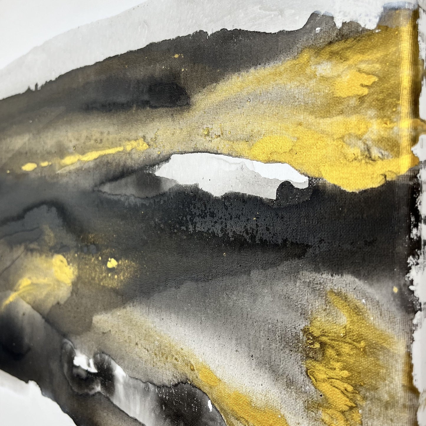 Abstract painting in black, gray, and gold by Charlotte George, Earth’s Whisper VI, evoking balance, renewal, and the subtle energy of the earth’s final whisper