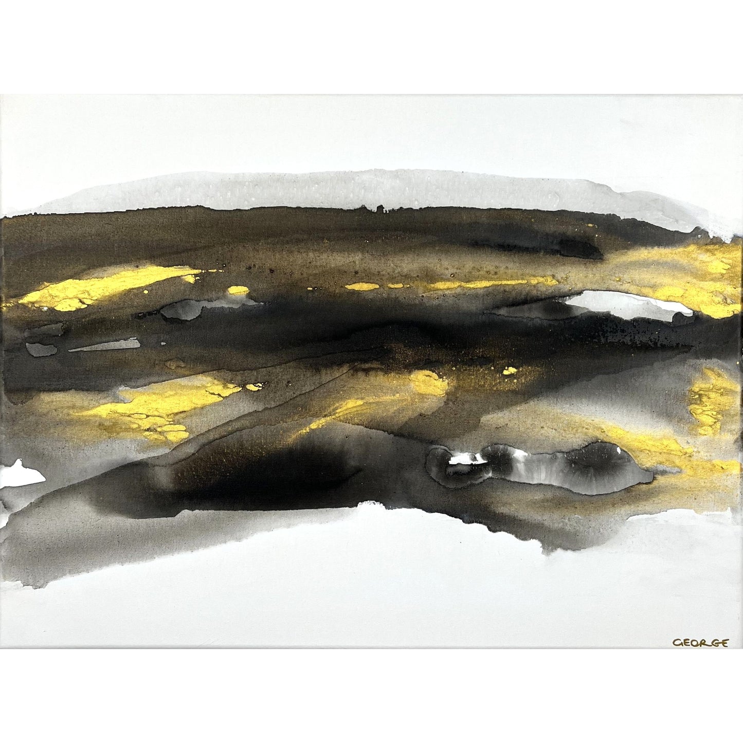 Abstract painting in black, gray, and gold by Charlotte George, Earth’s Whisper VI, evoking balance, renewal, and the subtle energy of the earth’s final whisper