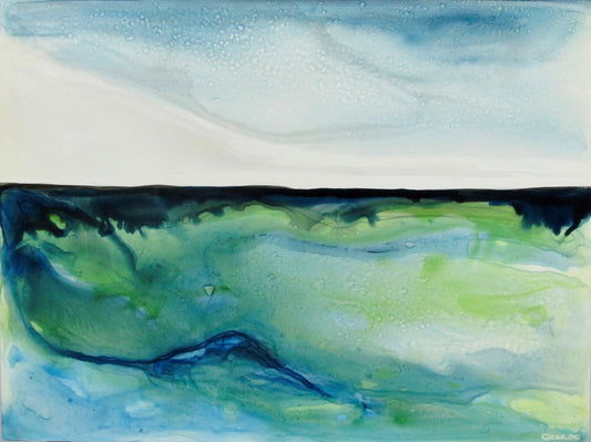 Abstract coastal art with swirling aqua and deep blue tones, capturing the movement and shimmer of underwater landscapes