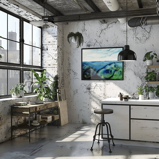 Acrylic ink painting with layered ocean hues and organic forms, echoing the iridescent tones of coastal rock pools