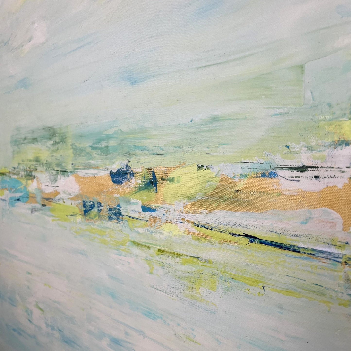 Textural painting with soft flowing lines and layered textures by Charlotte George, inspired by river landscapes
