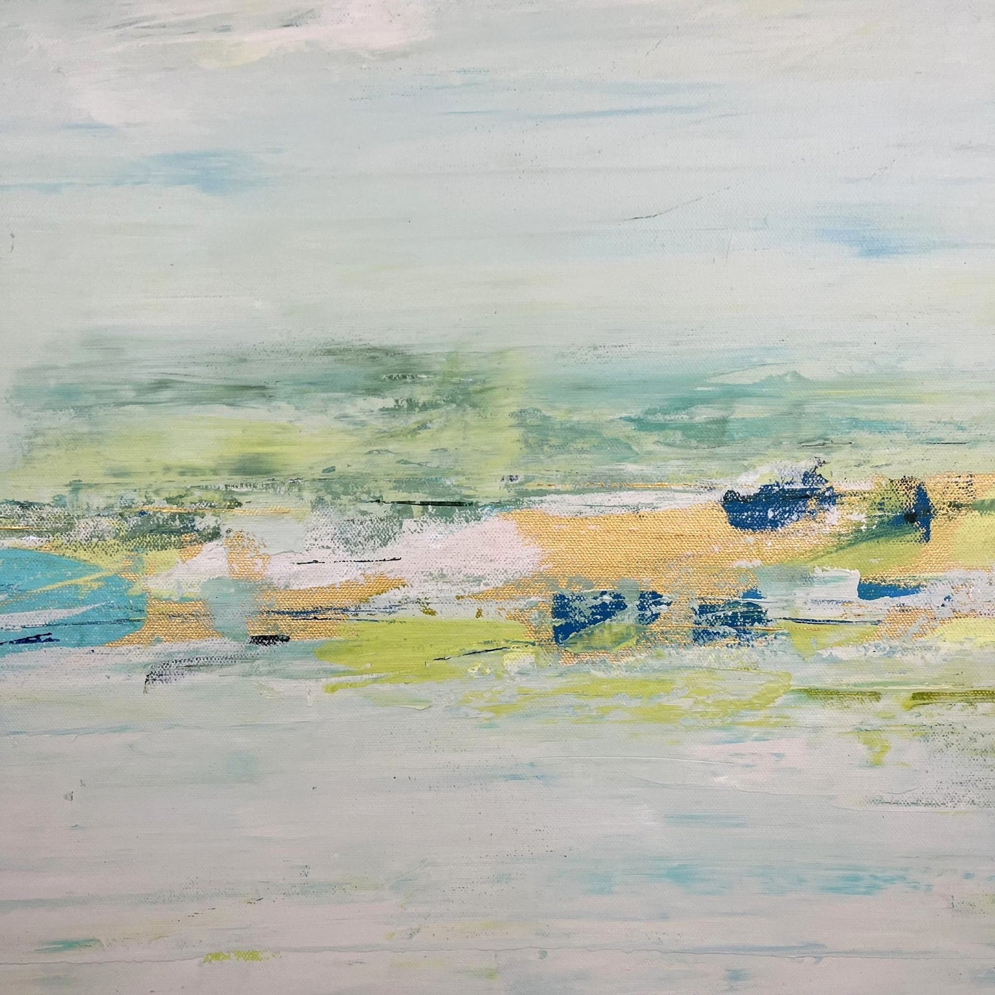 Textural painting with soft flowing lines and layered textures by Charlotte George, inspired by river landscapes