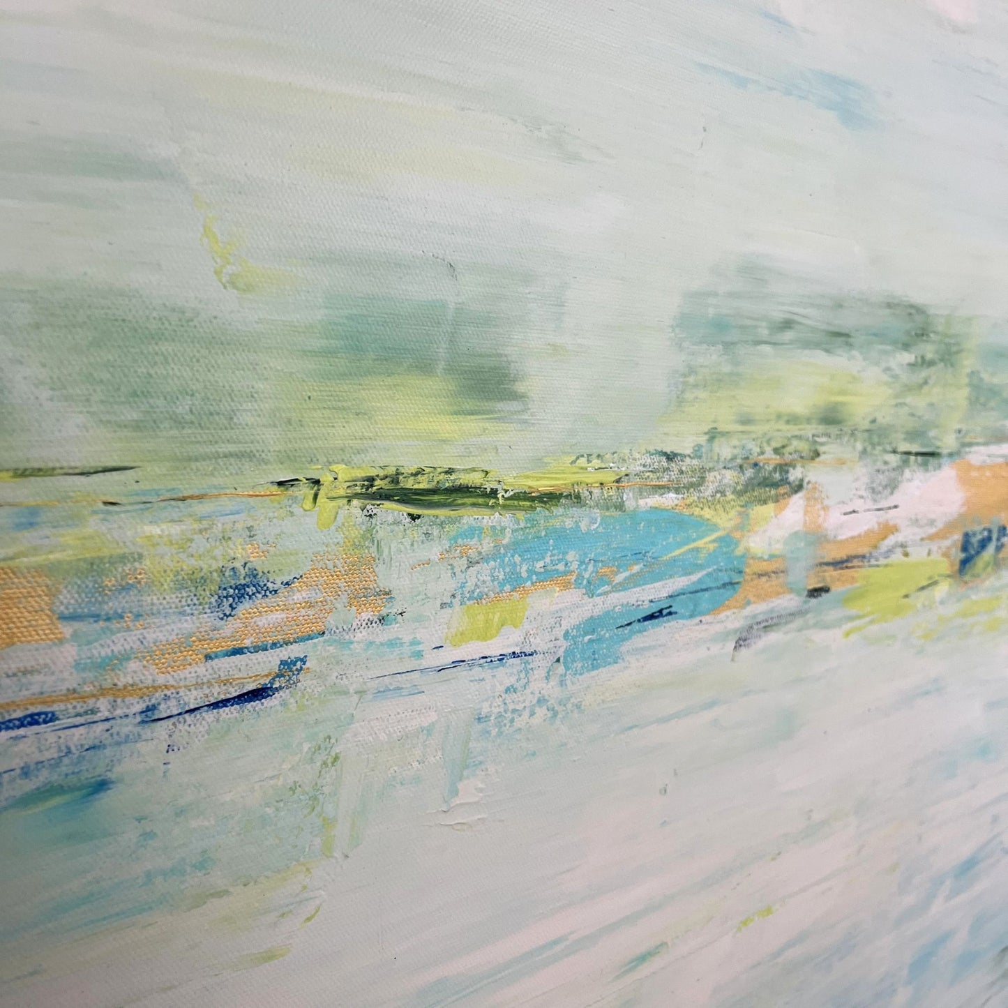 Textural painting with soft flowing lines and layered textures by Charlotte George, inspired by river landscapes
