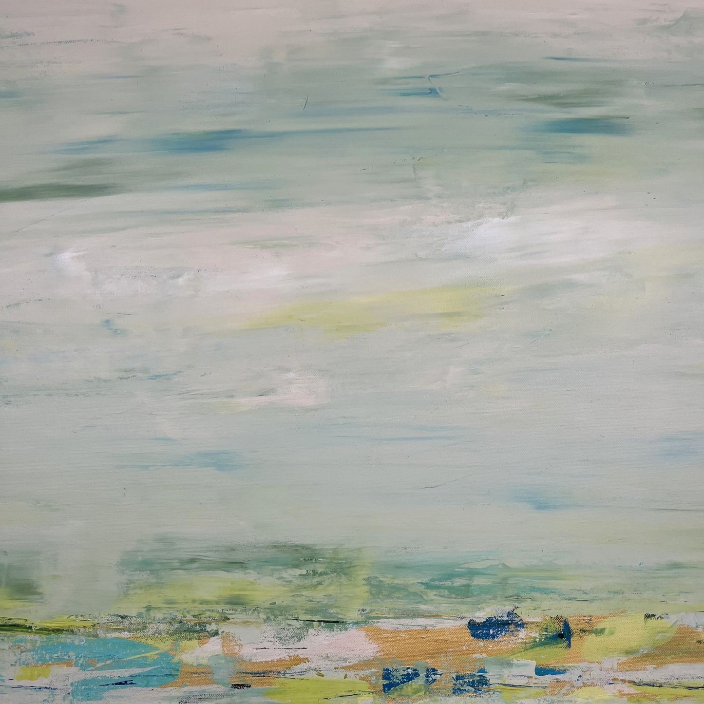 Textural painting with soft flowing lines and layered textures by Charlotte George, inspired by river landscapes