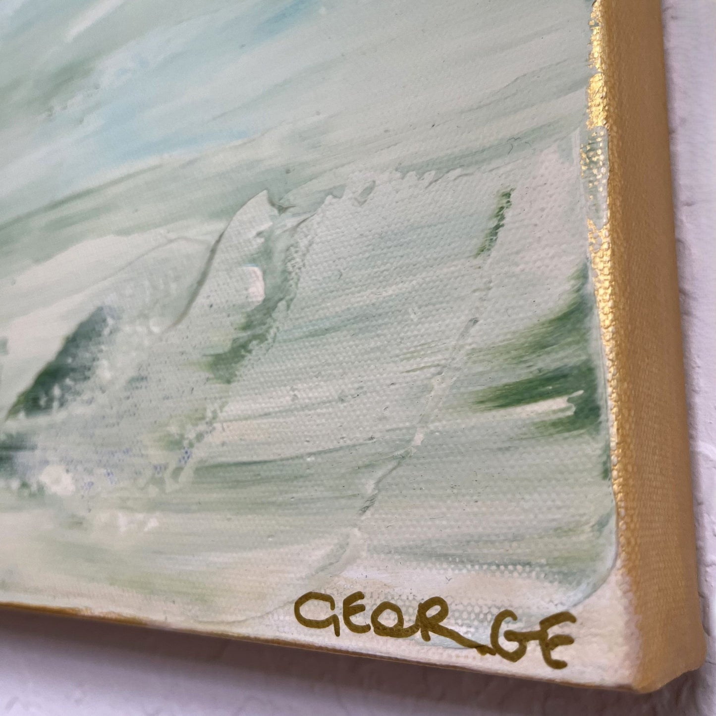 Textural painting with soft flowing lines and layered textures by Charlotte George, inspired by river landscapes