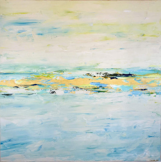 Organic abstract artwork featuring fluid brushwork and earthy textures, capturing the return of water through natural terrain