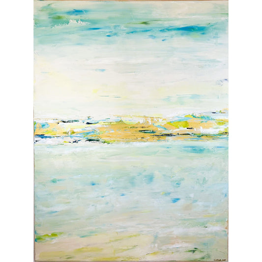 Calm abstract landscape in natural hues of green, beige, and slate blue by Charlotte George, evoking the movement of water and land