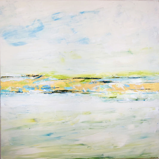 Layered abstract with blue, green tones and wave-like motion, reflecting the interplay of rivers in Charlotte George’s style