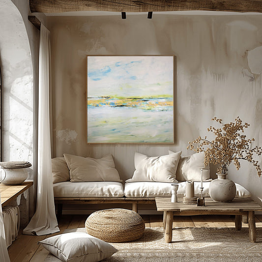 Layered abstract with blue, green tones and wave-like motion, reflecting the interplay of rivers in Charlotte George’s style