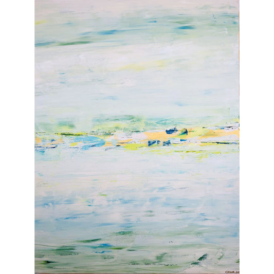 Textural painting with soft flowing lines and layered textures by Charlotte George, inspired by river landscapes