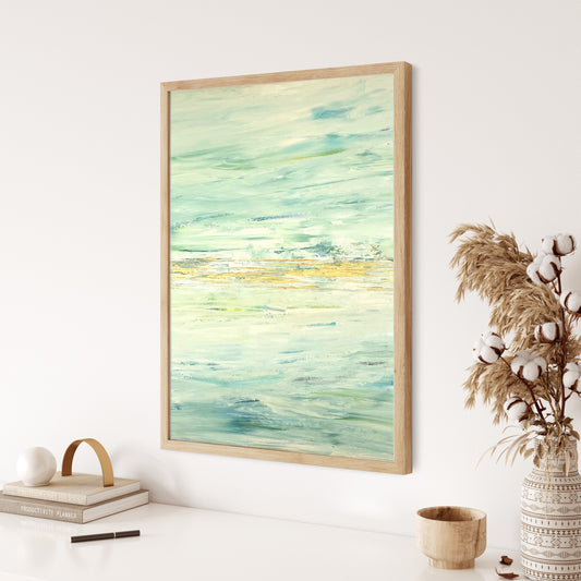 Contemporary abstract painting with subtle color gradients and textured flow, inspired by nature’s cycles and water’s quiet force