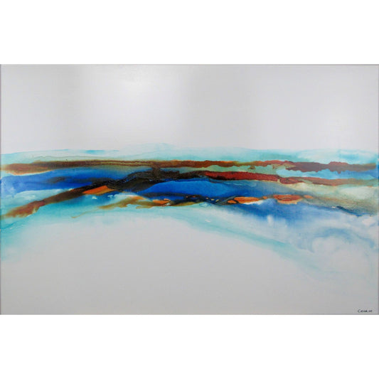 Abstract coastal ink painting with horizontal bands of teal, amber, and ultramarine suggesting a distant shoreline