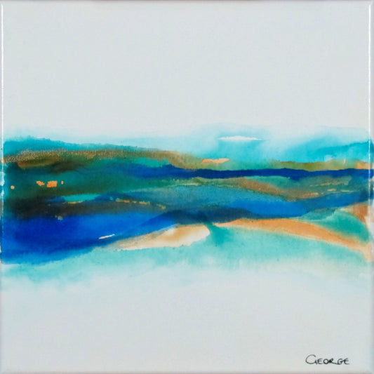 Abstract painting with soft layers of turquoise, brown, and blue ink flowing across a light canvas