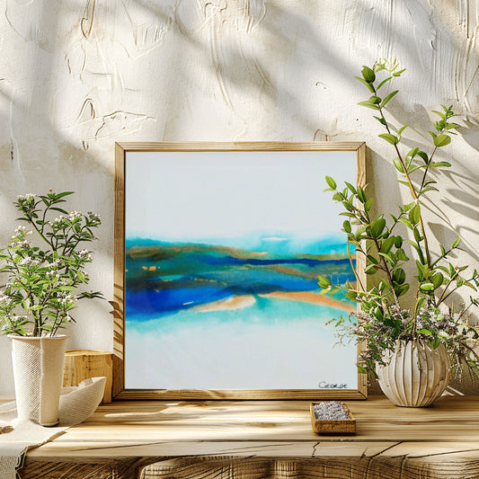 Abstract painting by Charlotte George Artist with soft layers of turquoise, brown, and blue ink flowing across a light canvas