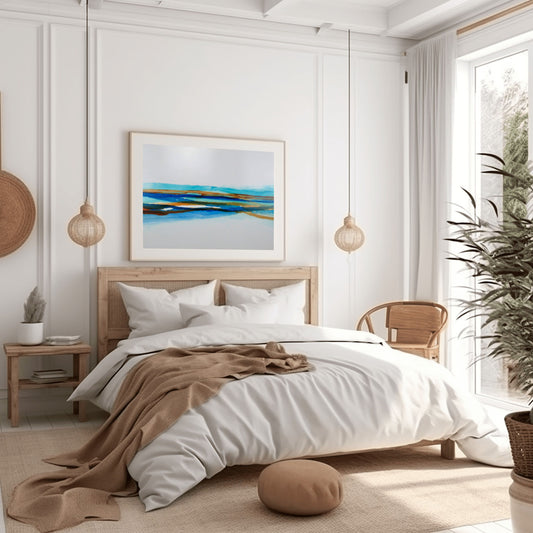 Contemporary abstract painting with layered blue, green, and warm tones forming a coastal-inspired ink landscape