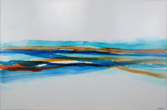 Shallow Waters IV abstract print with layered blue tones and subtle amber by Charlotte George