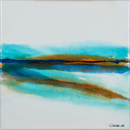 Abstract acrylic ink painting with flowing turquoise, brown, and blue tones evoking shallow water reflections