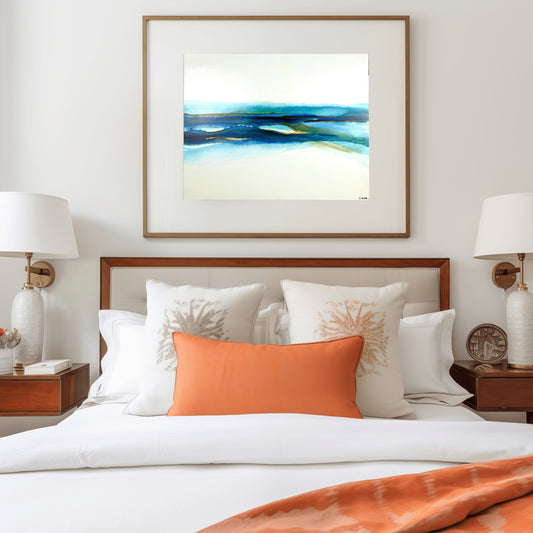 Abstract seascape painting in acrylic ink by Charlotte George, featuring fluid bands of turquoise, deep blue, and golden brown tones, evoking a serene horizon above shallow coastal waters. Titled ‘Shallow Waters VIII