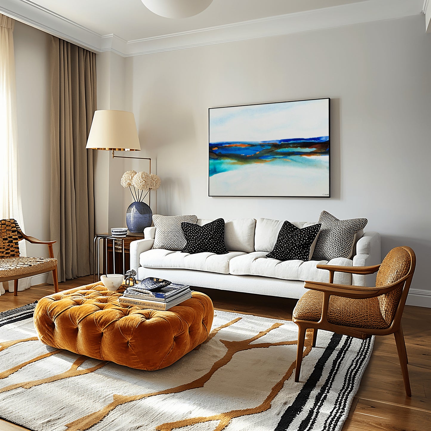 Medium abstract ocean-themed painting with vibrant blue, turquoise, and earthy layers suggesting shoreline and waves