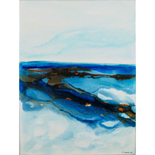 Acrylic ink paintings with layered aquas and sandy copper tones, inspired by wind and dune patterns