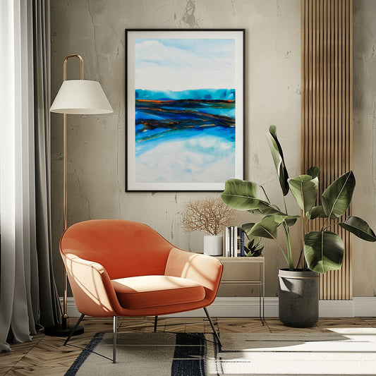 Fluid ocean-inspired artwork with bold turquoise and earth tones in acrylic ink on canvas by Charlotte George Artist