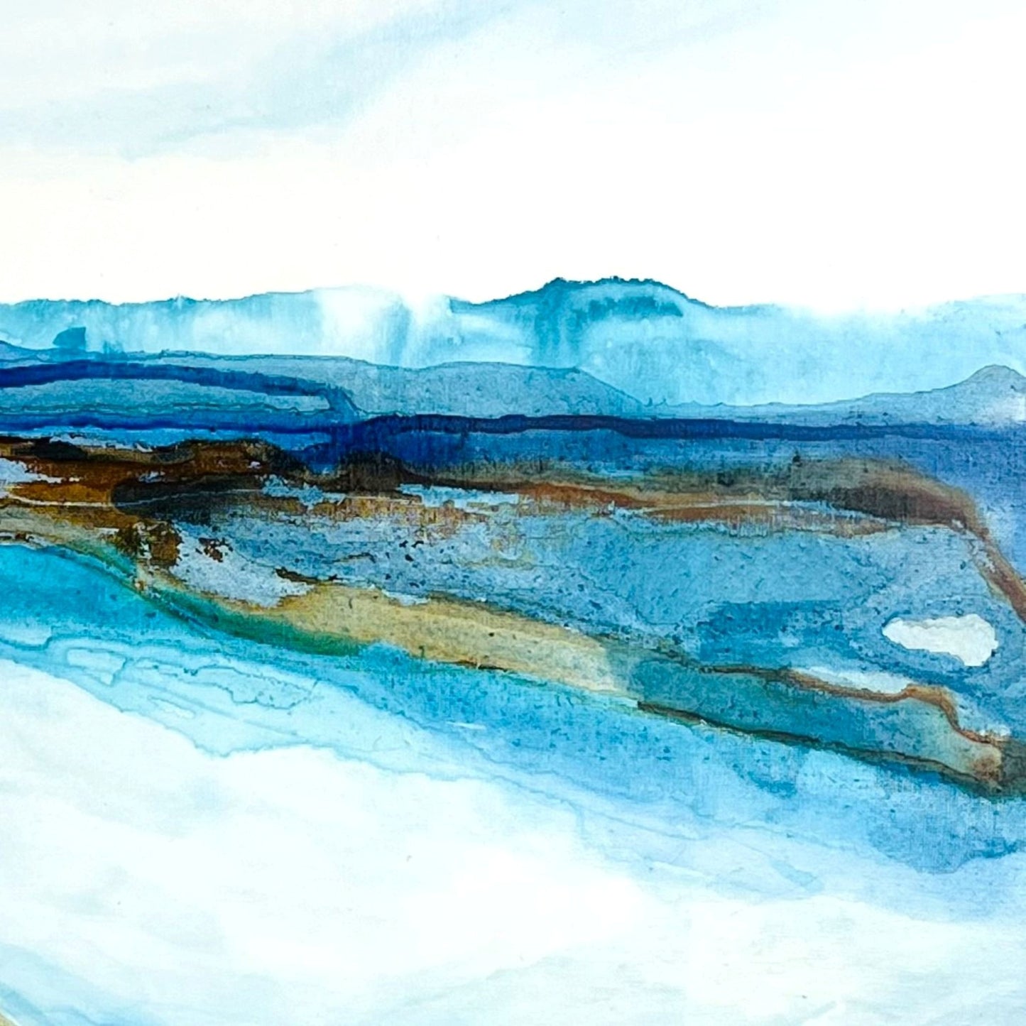 Acrylic ink paintings with layered aquas and sandy copper tones, inspired by wind and dune patterns