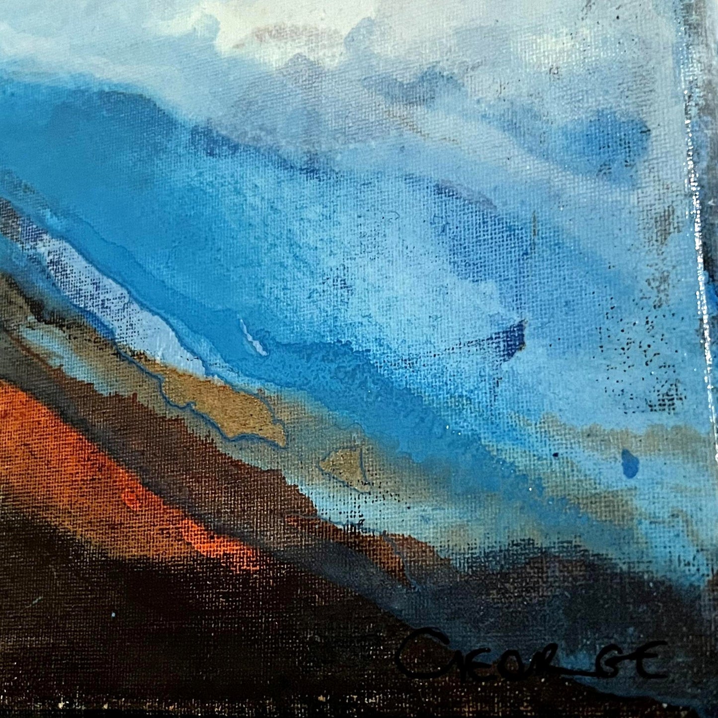 Acrylic ink paintings with layered aquas and sandy copper tones, inspired by wind and dune patterns