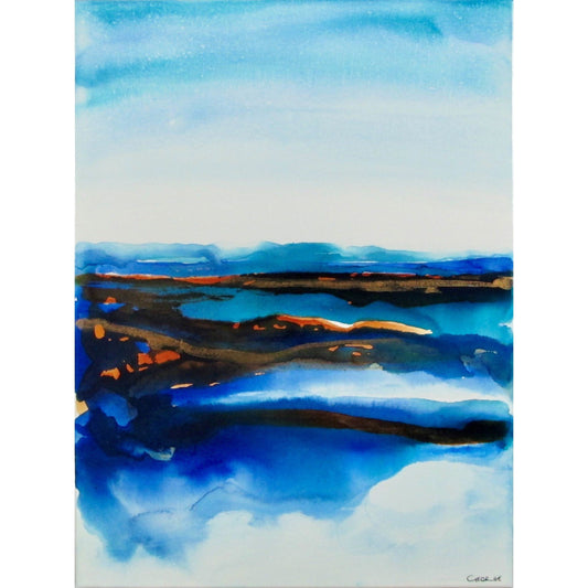 Dreamlike abstract landscape in blue and beige hues, capturing the horizon between sea and sky