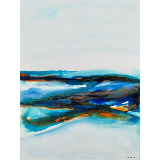 Calming abstract ink artwork with soft blues and whites, reflecting coastal light and sky on canvas