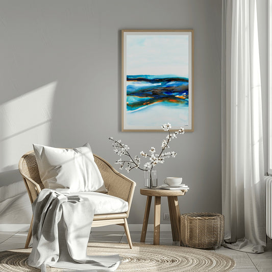 Calming abstract ink artwork with soft blues and whites, reflecting coastal light and sky on canvas