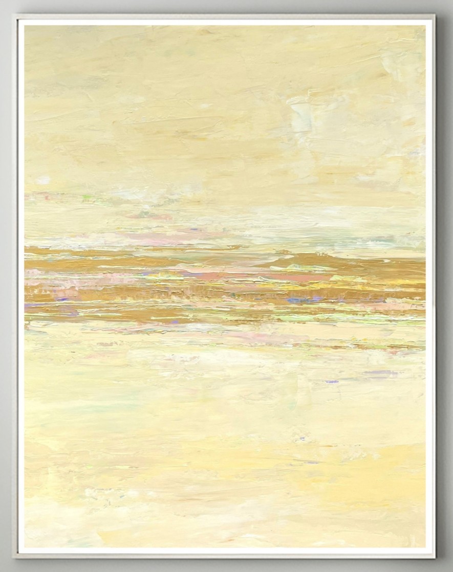 Charlotte George, Confetti Dawn IV, 30 x 40 inch abstract landscape artwork in a white frame