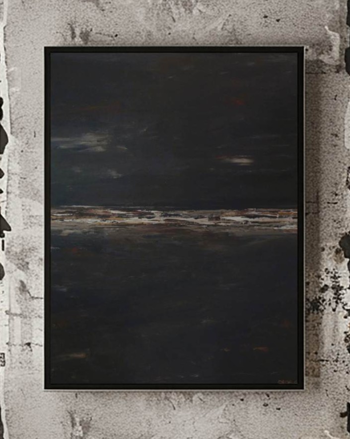 Charlotte George, Americano III, abstract landscape artwork displayed in a framed interior setting
