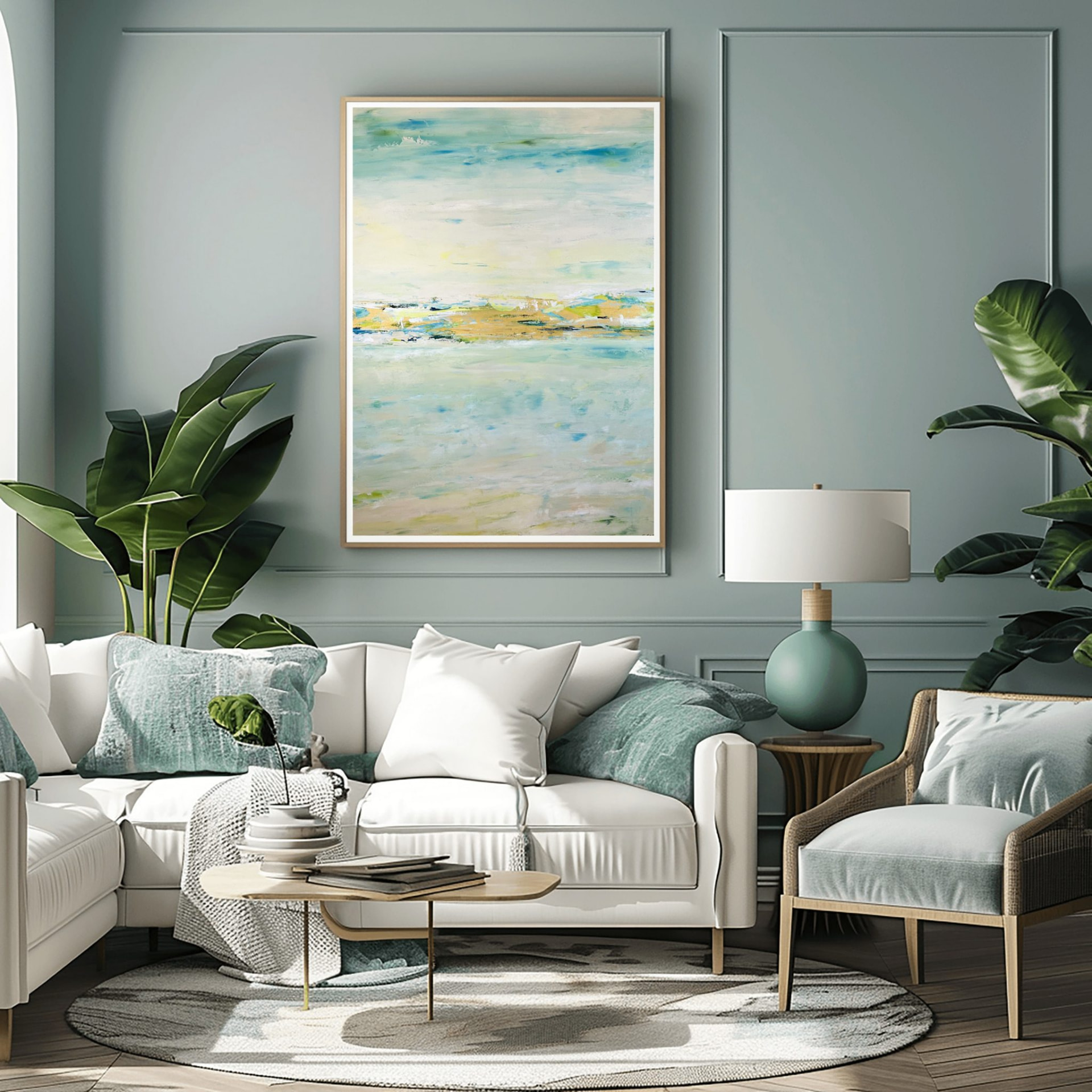 Charlotte George, River's Return II, 30 x 40 inch abstract landscape artwork displayed in a contemporary interior