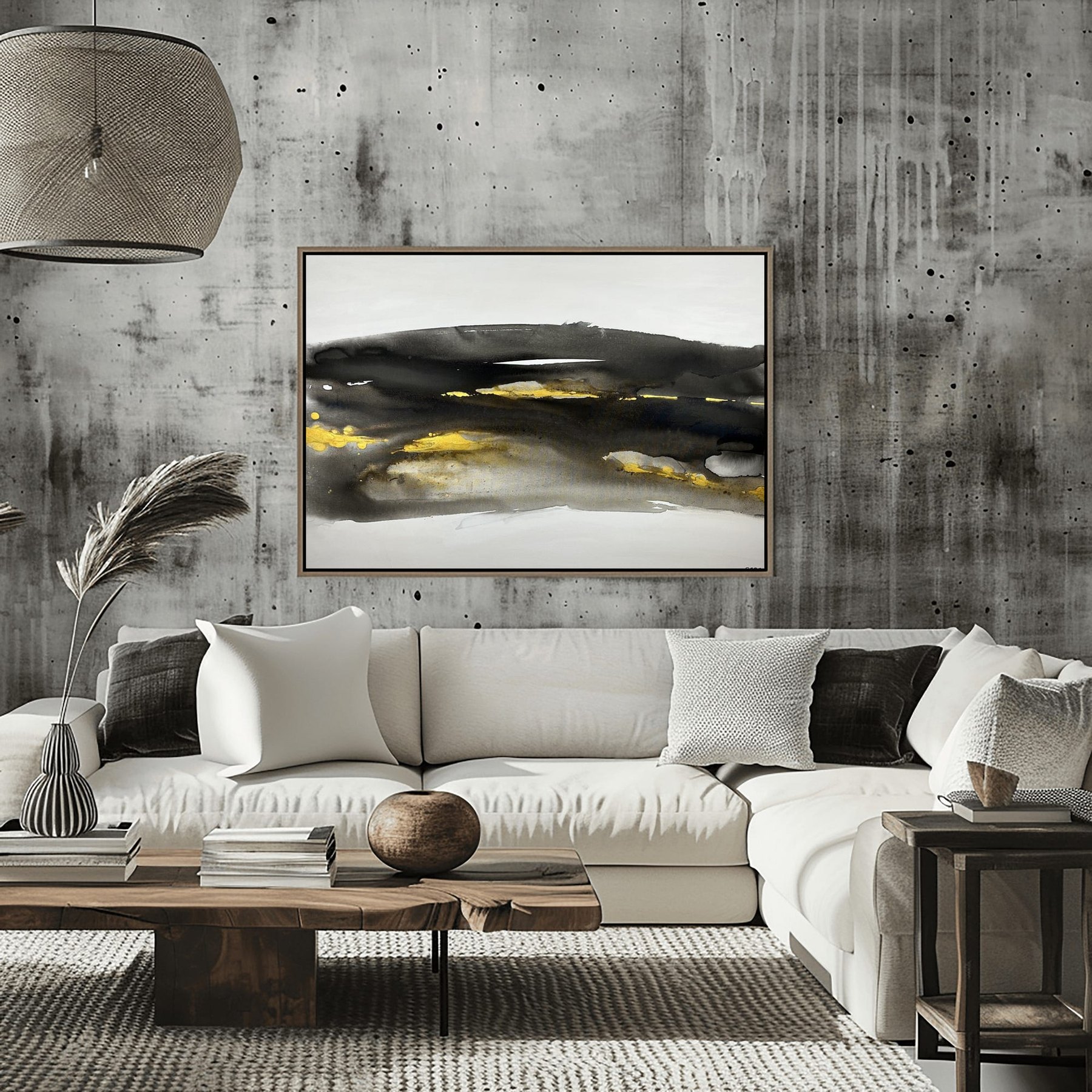 Charlotte George, Earth's Whisper abstract artwork in black, ivory and gold, framed on a concrete wall