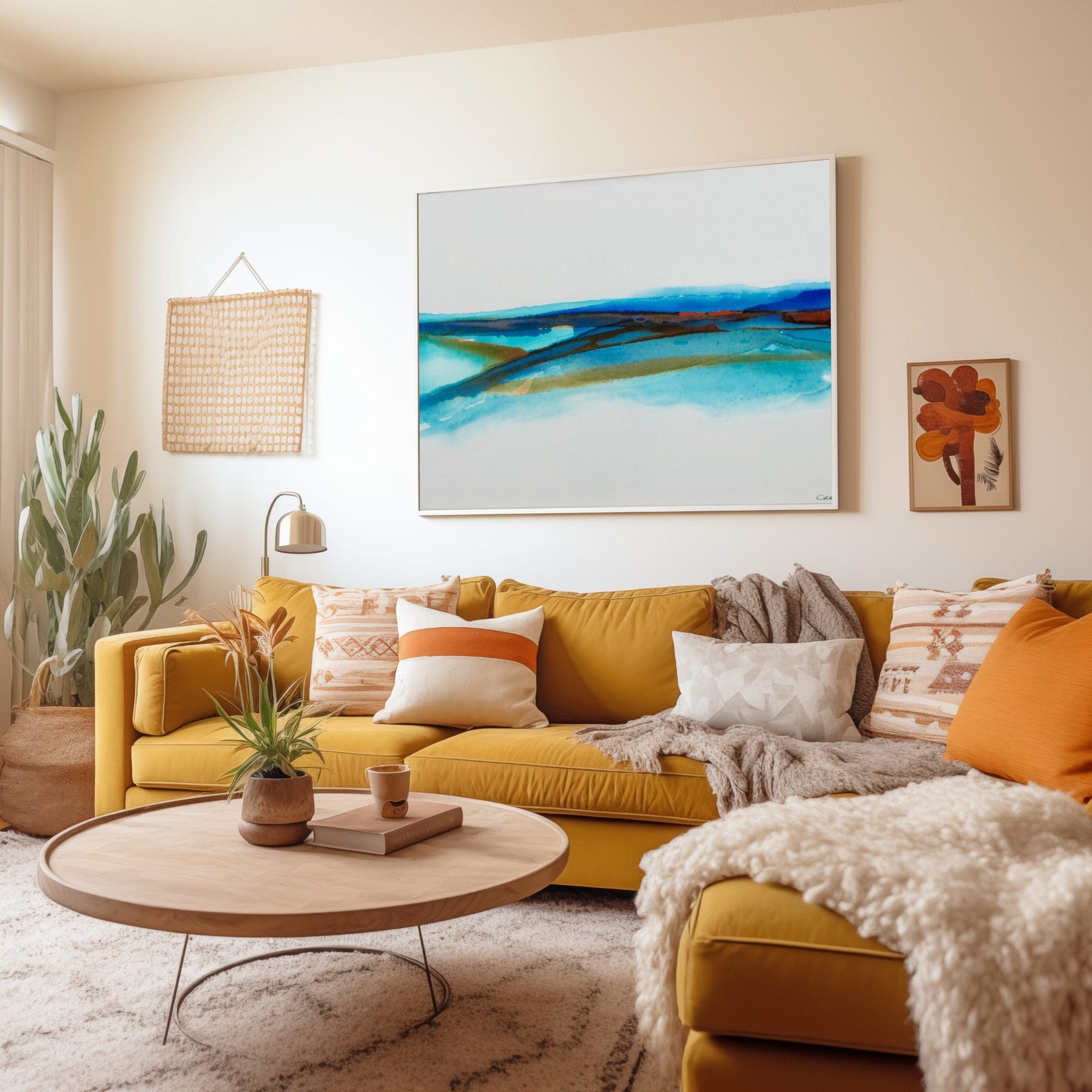 Charlotte George blue and turquoise abstract coastal painting above a mustard sofa in a modern living room