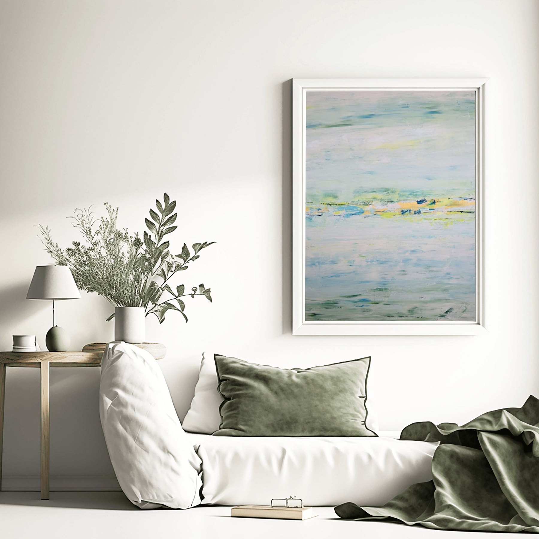 Charlotte George abstract landscape painting framed in a light contemporary interior