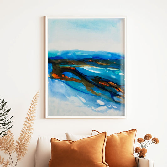 Charlotte George Artist Waterline I, acrylic ink on canvas, water blues, copper orange and earthy browns