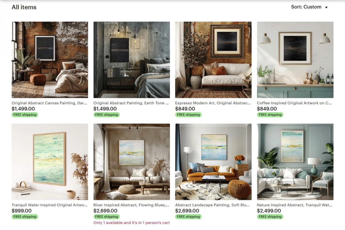 Charlotte George Art Etsy store showing a grid of original abstract paintings
