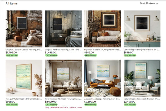 Charlotte George Art Etsy store showing a grid of original abstract paintings
